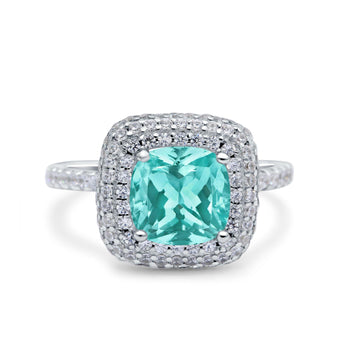Halo Art Deco Cushion Cut Wedding Ring Simulated Paraiba Tourmaline CZ 925 Sterling Silver